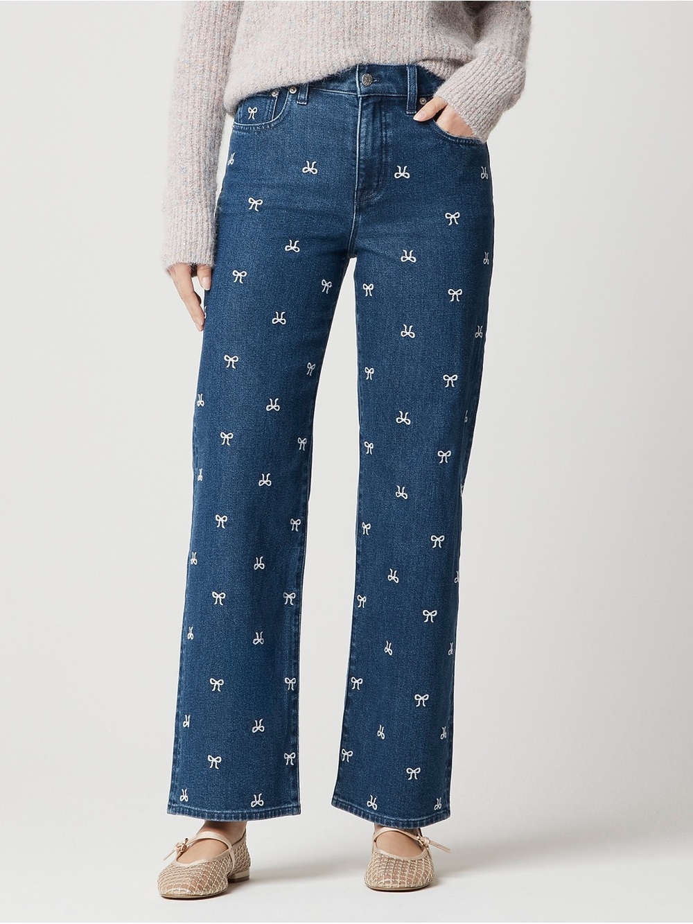 🆕 J. Crew Bow-Embroidered Slim Wide-Leg Jean in All-Day Stretch